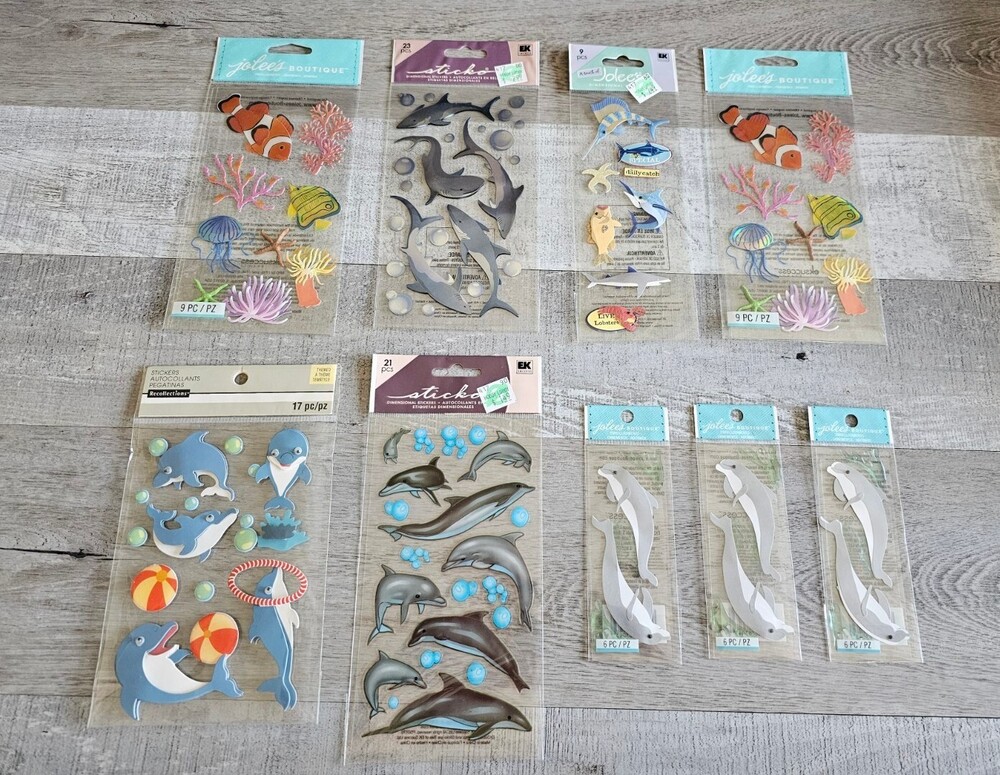 Sticker Lot Ocean Fish Sharks Dolphins Beach Scrapbooking 3D Stickers RARE #44